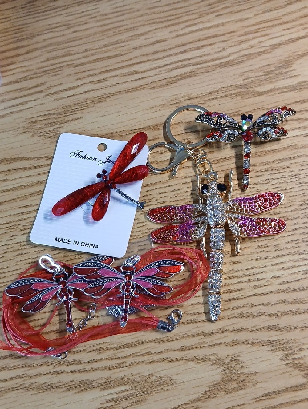 NWOT 5PC Red Mauve Crystal Dragonfly Bundle 1 Keychain 2 Necklaces 2 Pins
